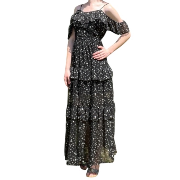 Black and Silver Star Print Maxi Dress Size Med Cold Shoulder - Picture 1 of 8